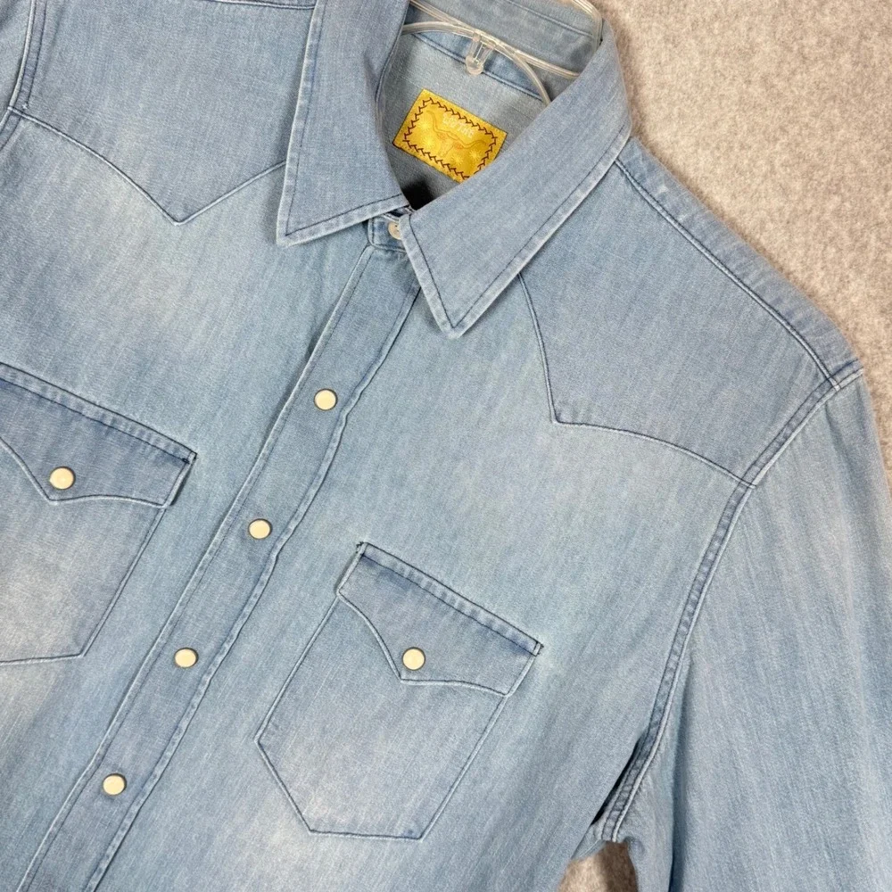 Wythe Western Washed Indigo Denim Long Sleeve Pearl Snap Large Mens L
